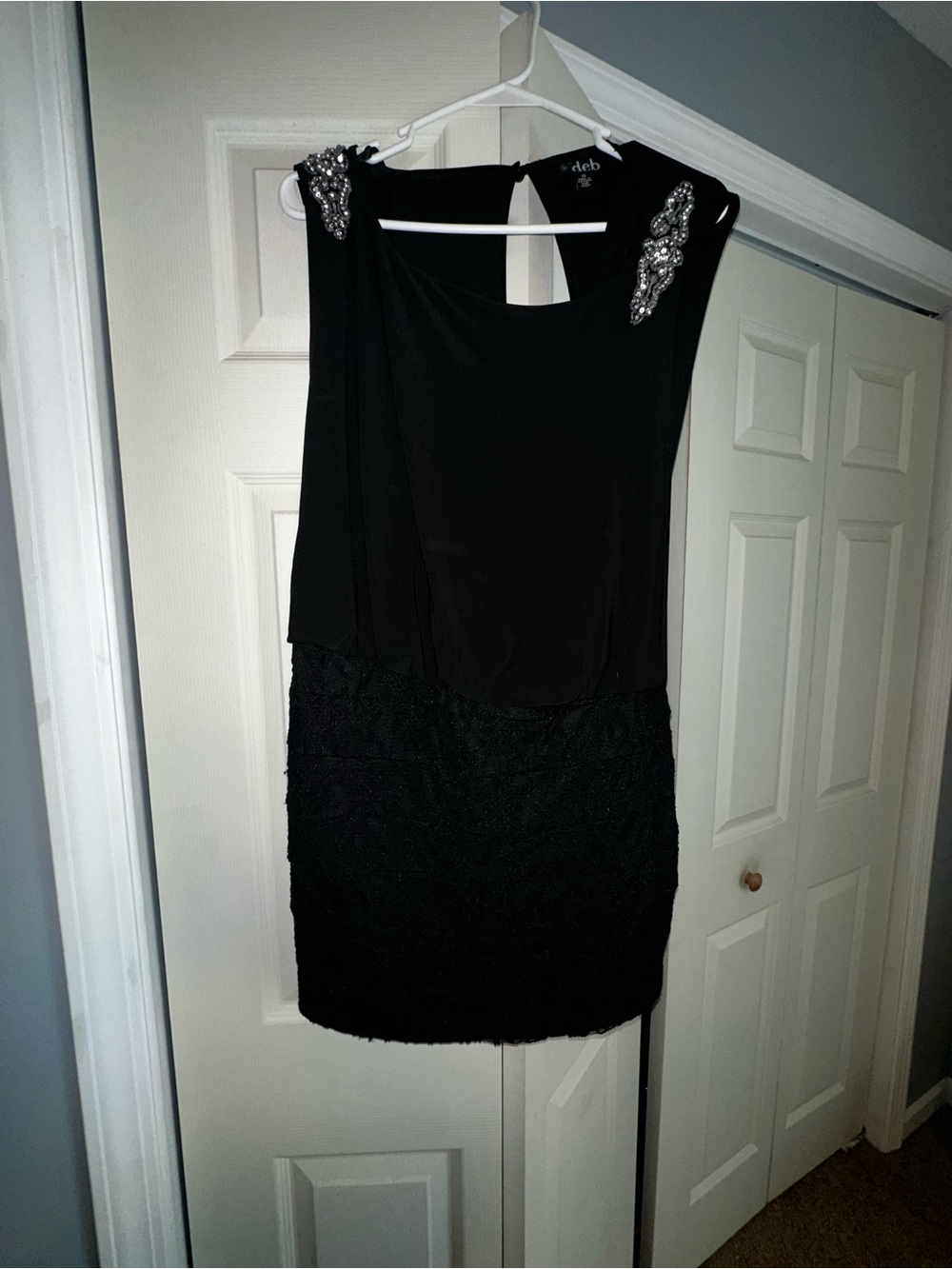 Deb Black Mini Dress with Jeweled Shoulder Accents